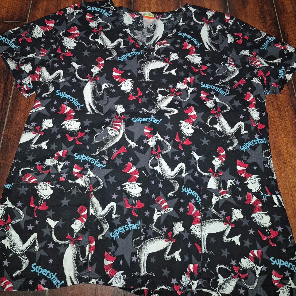 Dr. Seuss Cat in the Hat Uniform Scrub Top SS Black Red White Women's size L EUC